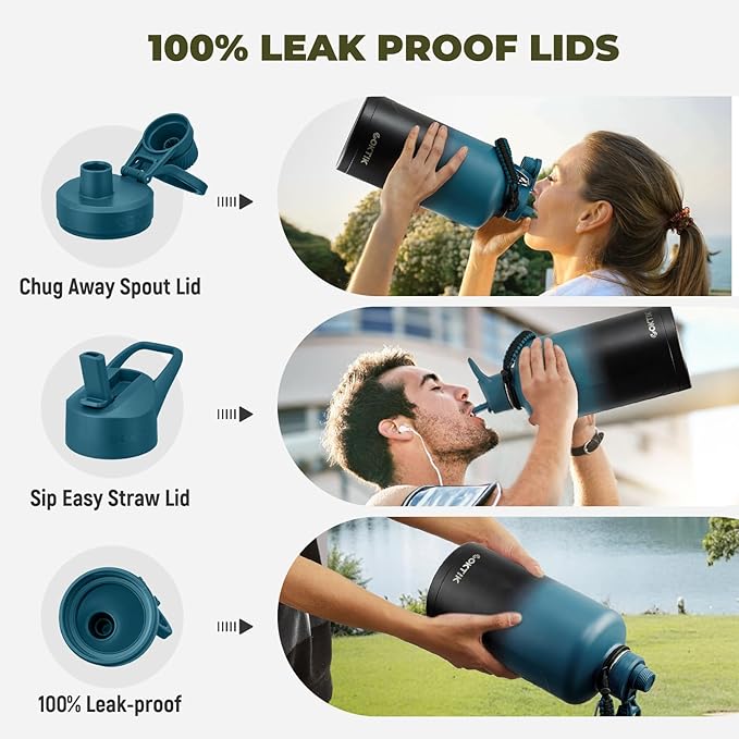 2 Pack 128 oz Insulated Water Bottle, Triple Wall Stainless Steel Flask, Keeps Drinks Cold for 48 Hrs Leak-Proof & BPA-Free Half Gallon Jug with Paracord Handle, Straw & Spout Lids(2 pack,Mix Color)-FlexoryFit