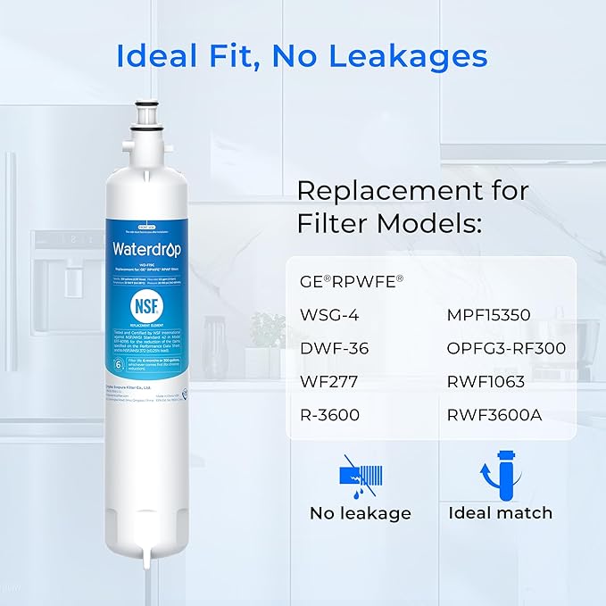 Waterdrop Replacement for GE® RPWFE®, RPWF (Built-in CHIP) Refrigerator Water Filter, Compatible with GFE28GYNFS, GFE28GELDS, PFE28KELDS, PFE28KYNFS, GFD28GELDS, PWE23KELDS, PWE23KMKES, 3 Filters