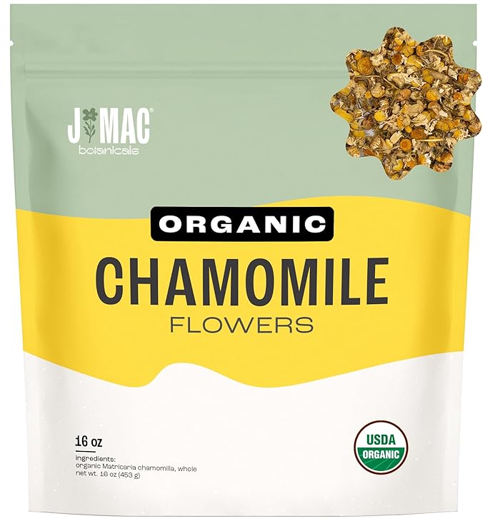 J Mac Botanicals, Organic Chamomile Flowers (1 pound), Certified USDA Organic. Whole Dried Chamomile Flower, Loose Leaf Tea-FlexoryFit