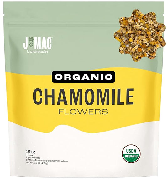 J Mac Botanicals, Organic Chamomile Flowers (1 pound), Certified USDA Organic. Whole Dried Chamomile Flower, Loose Leaf Tea-FlexoryFit