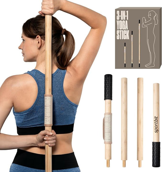 SportBit Bamboo Yoga Stick with Neck Pillow - Collapsible and Portable 5.1FT Mobility Stick and Exercise Stick - Fully Adjustable Yoga Accessories Perfect for Stretching, Posture Correction, Balance-FlexoryFit