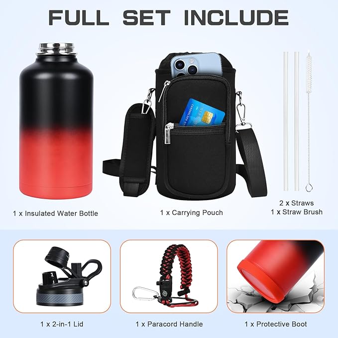 Insulated Water Bottle 64 oz, Half Gallon Water Jug Cold 48H, BPA Free Stainless Steel Bottles with Straw/Chug 2-in-1 Lid, Bag, Paracord Handle, Silicone Boot, Sports Gym School Metal Flask-FlexoryFit