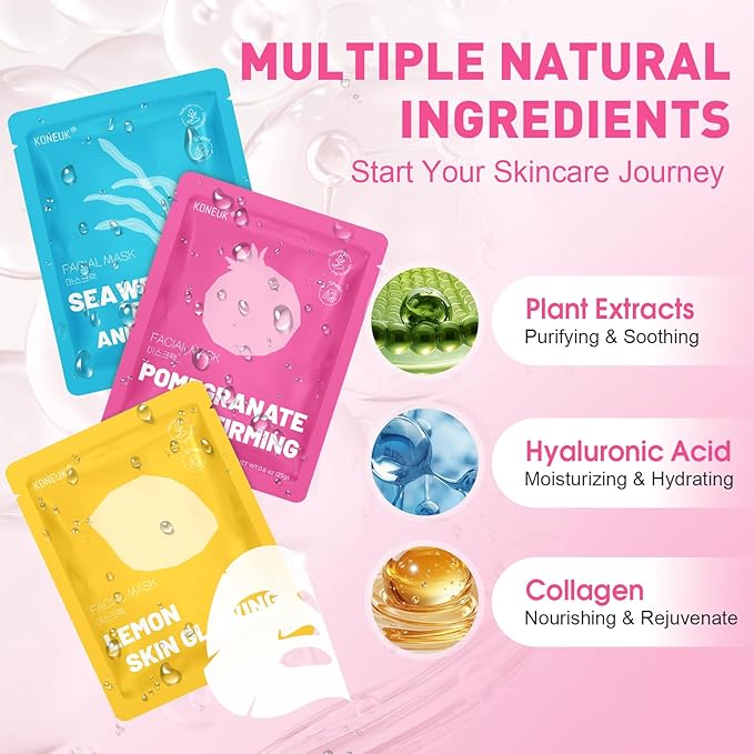 12 Pack Collagen Hydrating Face Masks Skincare, Sheet Face Mask for All Skin Types, Facial Masks Set for Women Skin Care, Face Mask Bulk Spa Gifts for Women-FlexoryFit