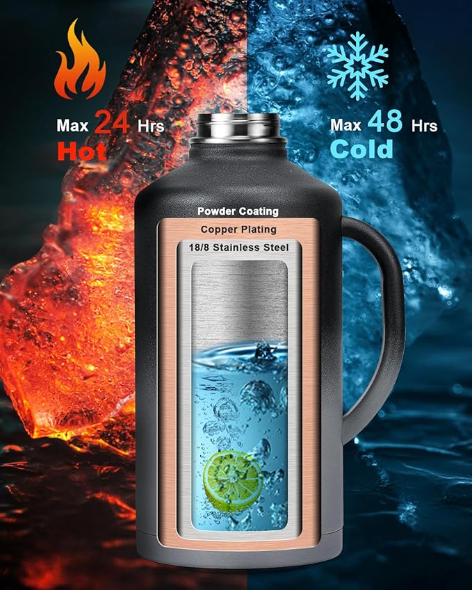 128 oz Insulated Water Bottle with Straw and Lid, One Gallon Stainless Steel Cup with Handle,Leakproof Metal Travel Jug Flask Mug Tumbler Cup With Carry Pouch and Brush,Keep Cold & Hot,Grey-FlexoryFit