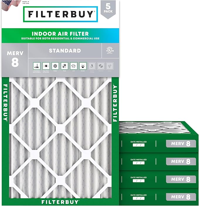 Filterbuy 14x24x2 Air Filter MERV 8 (MPR 700) Dust Defense Replacement (5-Pack), Electrostatic Pleated HVAC AC Furnace Filters, Made in USA (Actual Size: 13.50 x 23.50 x 1.75)