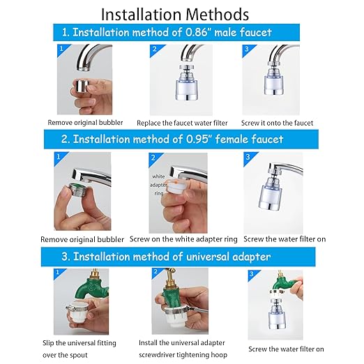 2 Pack Sink Water Filter Faucet, Universal 360 ° Rotating Bathroom Sink Filter, Kitchen Faucet Water Filter Removes Chlorine Fluoride Heavy Metals Hard Water for Home Bathroom Kitchen