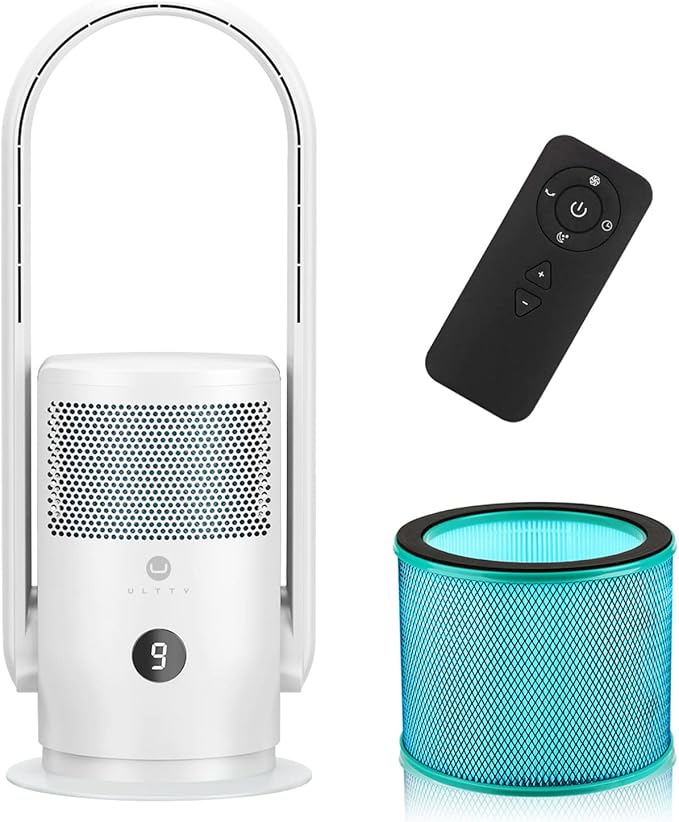 ULTTY Bladeless Tower Fan with Air Purifier, 90° Oscillating Bladeless Fan with Remote, Touch, 8H Timer, Floor Fans for Bedroom Whole Room Home Office R021, White