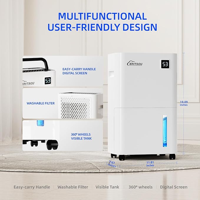 Britsou 50 Pints Dehumidifier for Basement with Drain Hose - Quiet Smart Operation with 3 Modes, 24HR Timer - Ideal for Home Bedroom, Bathroom, Small to Large Rooms