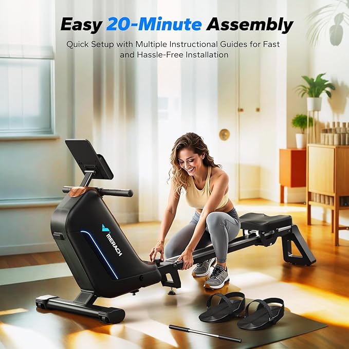 MERACH Rowing Machines for Home, Powerful Electromagnetic Row Machine with 51.2" Extended Rail, 16-Level Handle Resistance Adjustment Rower, 350 LBS Load Capacity, Ergonomic Comfort Seat, Easy Storage-FlexoryFit