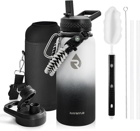 Insulated Water Bottle 32 oz, Triple Wall Vacuum Stainless Steel (Cold for 48 Hrs), Leak Proof & Non-BPA, Modern Water Flask Jug with Paracord Handle & Straw Spout Lids, Ombre: White/Black-FlexoryFit