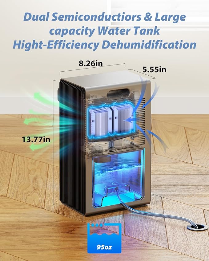 Dehumidifier, 95 OZ Dehumidifiers for Home (800 sq.ft), Quiet Small Dehumidifiers for Bedroom Bathroom Basements Closet RV, Auto Shut Off, Two Working Models and 7 Colors LED（Gery）