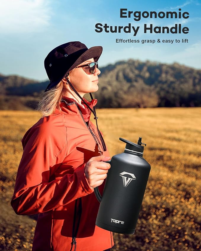 128 oz Insulated Water Bottle with Straw and Lid, One Gallon Stainless Steel Cup with Handle,Leakproof Metal Travel Jug Flask Mug Tumbler Cup With Carry Pouch and Brush,Keep Cold & Hot,Black-FlexoryFit