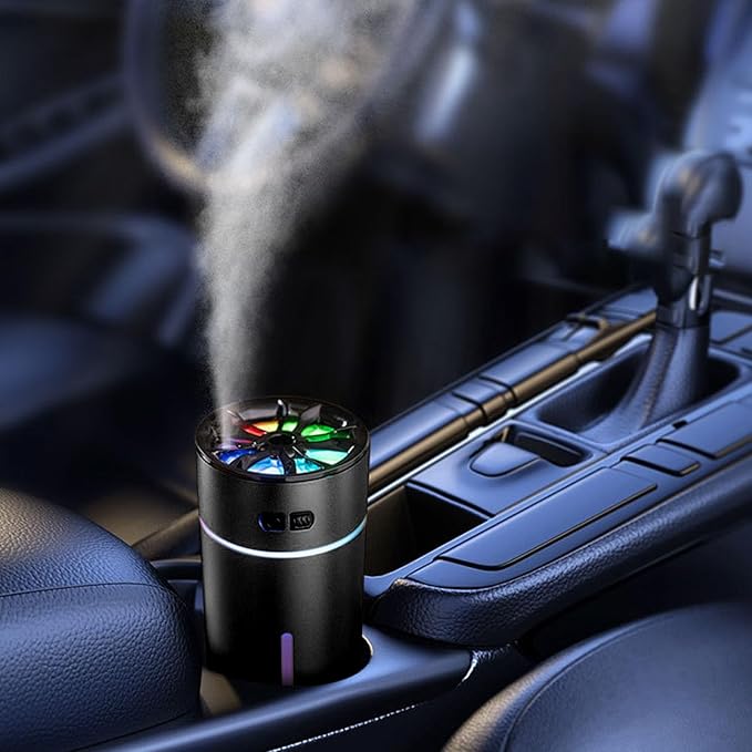 Portable Dual Spray Aromatherapy Diffuser and Humidifier with 300ml Water Tank for Smart Car Air Freshening (Black)