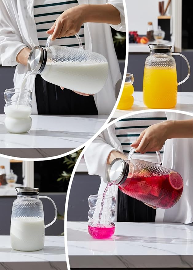 Purefold Pitcher with Lid, 78 oz Glass Jug with Stainless Steel Lid for Hot and Cold Water, Fruit Tea, Coffee Maker, Ice Tea, Juice, Pineapple Series (Clear)