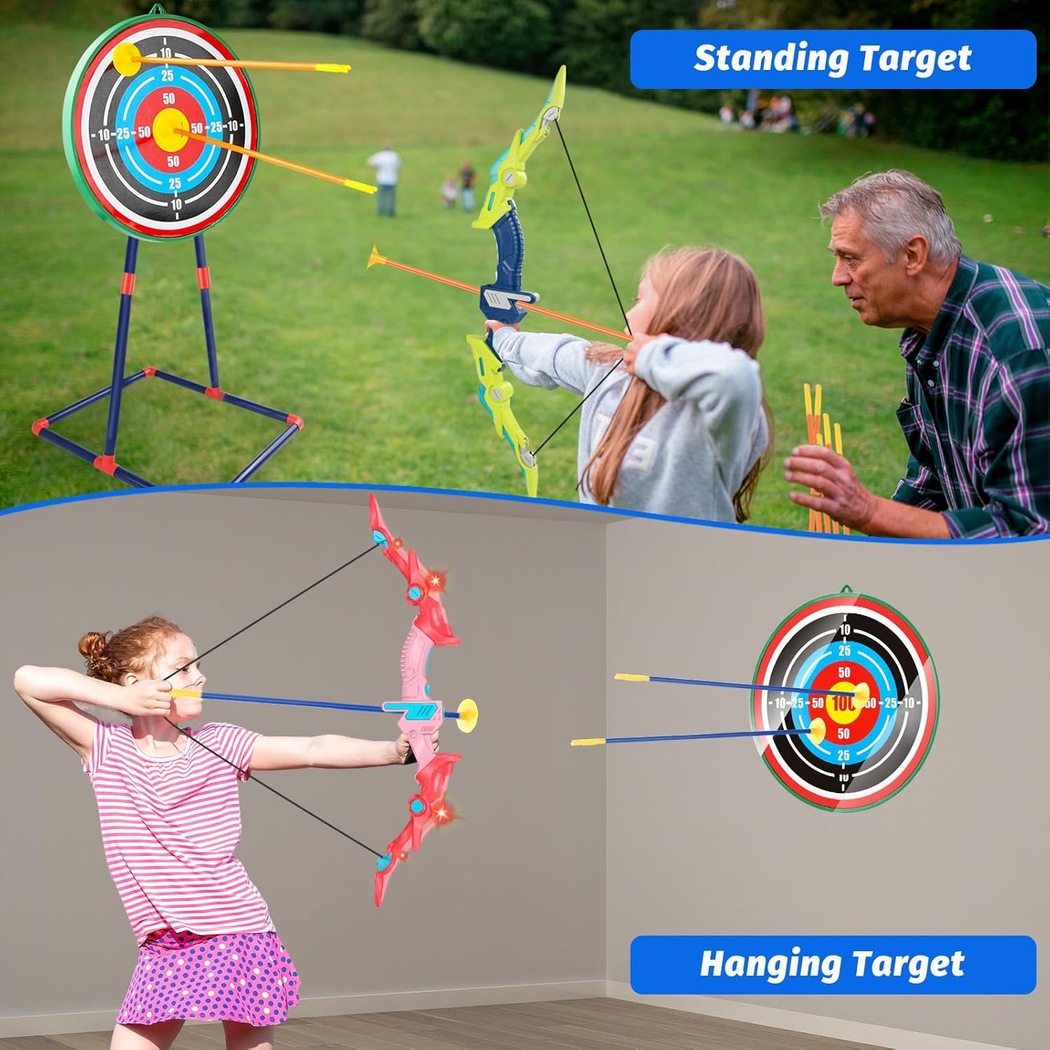 Bow and Arrow Set for Kids 4-12 Years Old, LED Light Up Archery Toy with 20 Suction Cup Arrows and Standing Target, Indoor Outdoor Activity Toys for Ages 4-6 8-13
