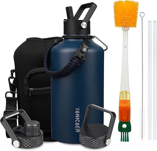 Insulated Water Bottle 64oz,Triple Wall Vacuum Stainless Steel(Dishwasher Safe),Leak Proof & Non-BPA,Flask Jug with Paracord Handle & Straw Spout Lids Sports-FlexoryFit