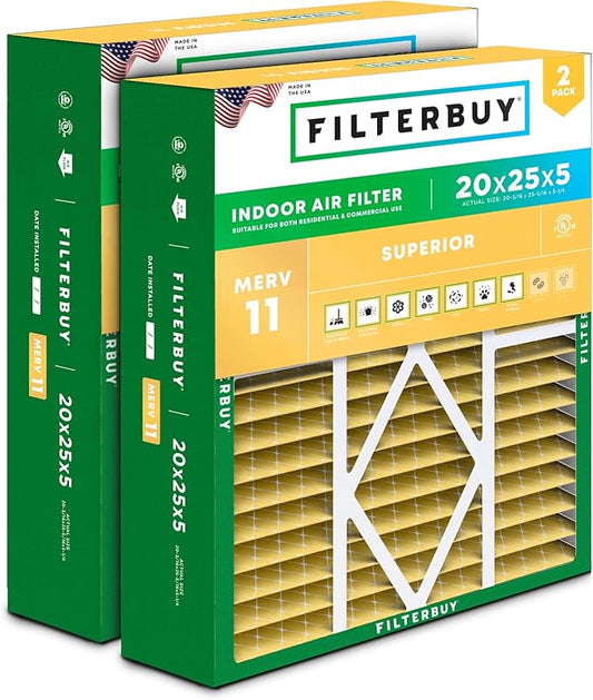 Filterbuy 20x25x5 Air Filter MERV 11 Allergen Defense (2-Pack), Pleated HVAC AC Furnace Air Filters for Amana, Coleman, Goodman, Maytag, York, and More (Actual Size: 20.19 x 25.31 x 5.25 Inches)