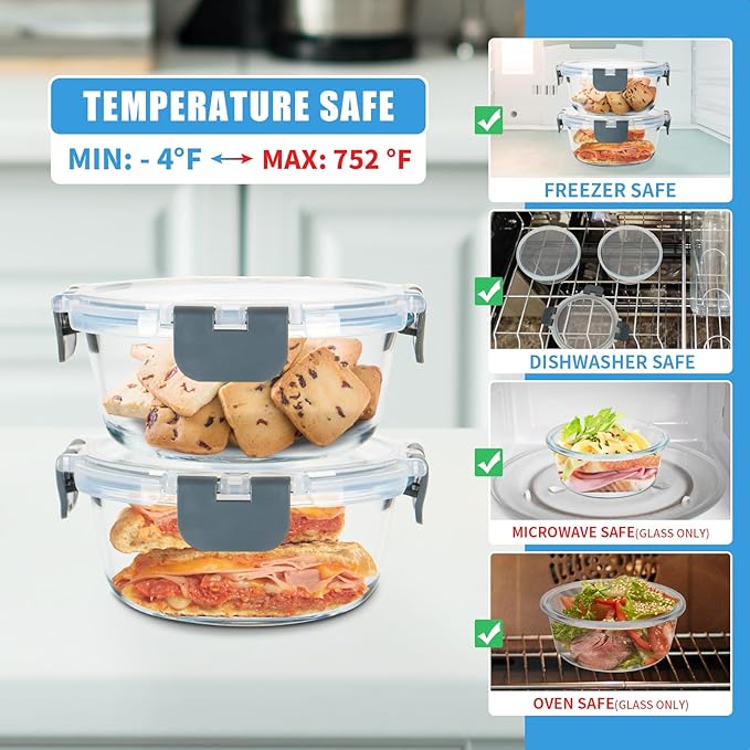 12 Pack Small Glass Food Storage Containers with Lids Airtight, 13oz Leak-Proof Meal Prep Containers Set, Freezer to Microwave Safe, Dishwasher Safe-FlexoryFit