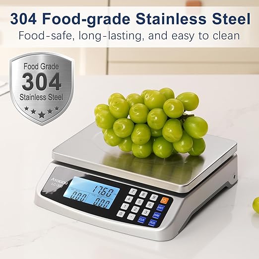 110lb Food Scale, Commercial Kitchen Scale with Price Computing, Plug-in Usable, 0.05oz/1g, 304 Stainless Steel, for Cooking, Vegetables, Farm, Industry, Counting. LC300-FlexoryFit