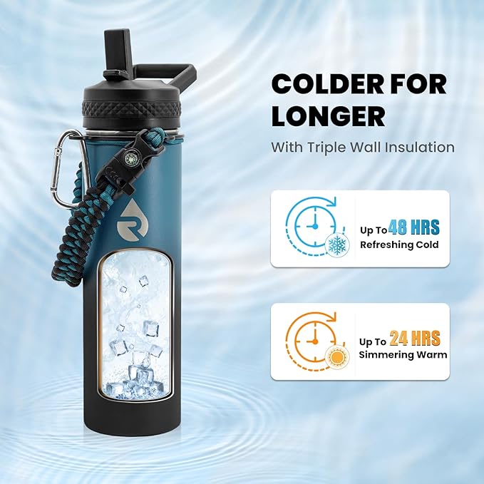 Insulated Water Bottle 20 oz, Triple Wall Vacuum Stainless Steel (Cold for 48 Hrs), Leak Proof & Non-BPA, Kids Water Bottle Jug for School with Straw Spout Lids, Indigo/Black-FlexoryFit