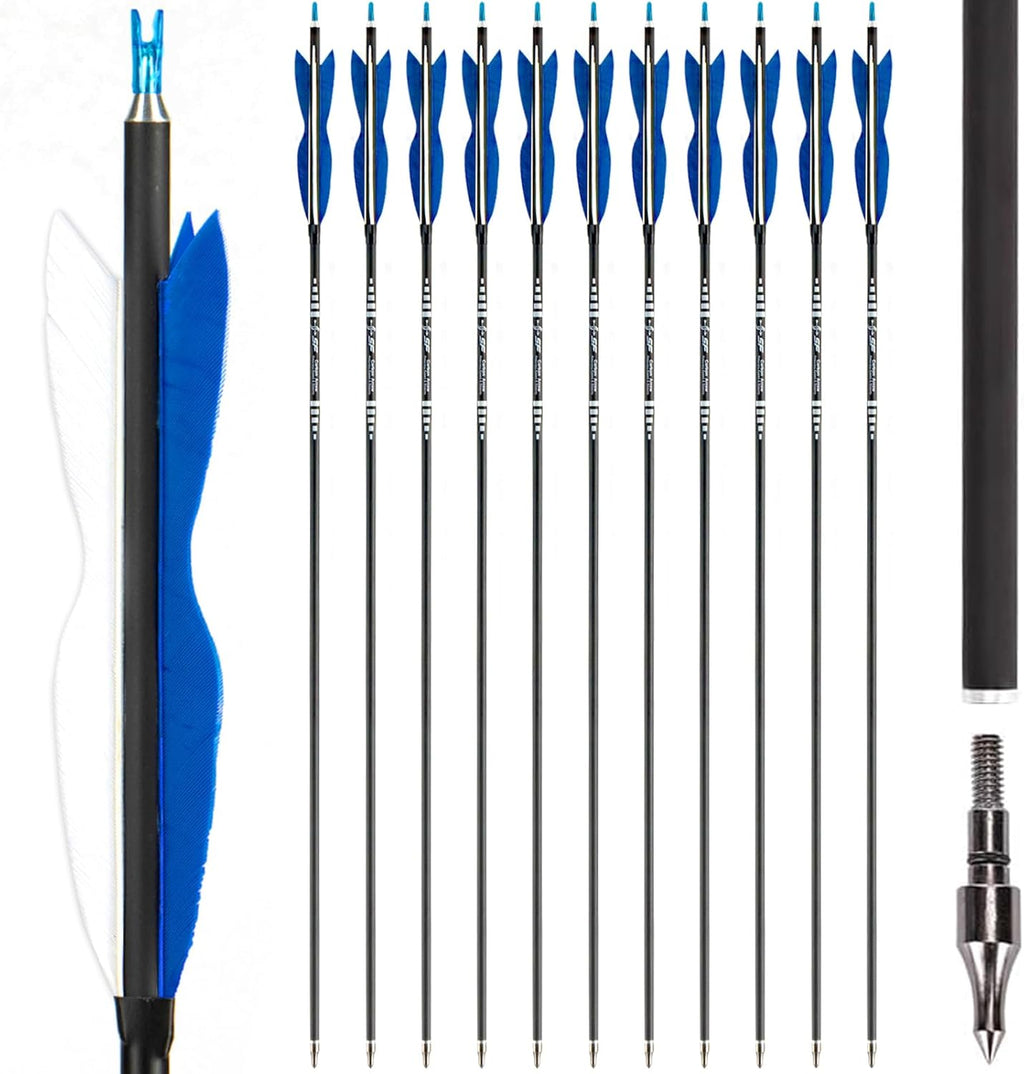 S F 30" Traditional Archery Carbon Feather Arrows 500 Spine Traditional Arrows Long Bows Archery Compound Bow Arrows Arrows for Compound Bow Arrows for recurve Bow（12 Pack）