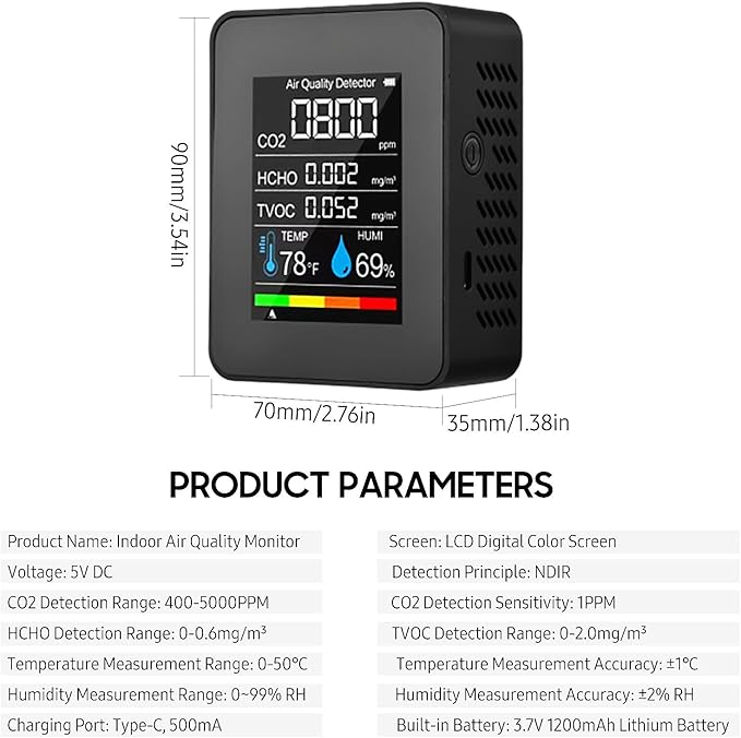 Prefessionall Indoor Air Quality Monitor, 5 in 1 Portable Smartair Quality Tester for CO2 | TVOC | HCHO | Temp | Hum for Home Cars Plants and Pets So On (Black)