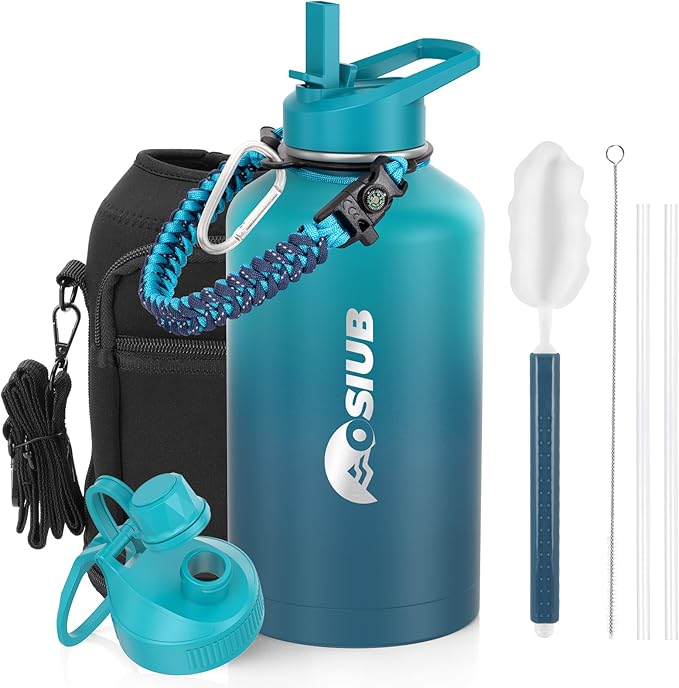 Insulated Water Bottle 64 oz, Triple Wall Vacuum Stainless Steel(Cold for 48 Hrs),Leak Proof & BPA-Free,Half Gallon Water Bottle with Reflective Paracord & Flip Straw for Sports & Travel, CyanBlue-FlexoryFit
