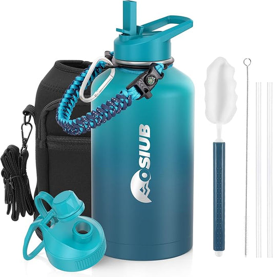 Insulated Water Bottle 64 oz, Triple Wall Vacuum Stainless Steel(Cold for 48 Hrs),Leak Proof & BPA-Free,Half Gallon Water Bottle with Reflective Paracord & Flip Straw for Sports & Travel, CyanBlue-FlexoryFit