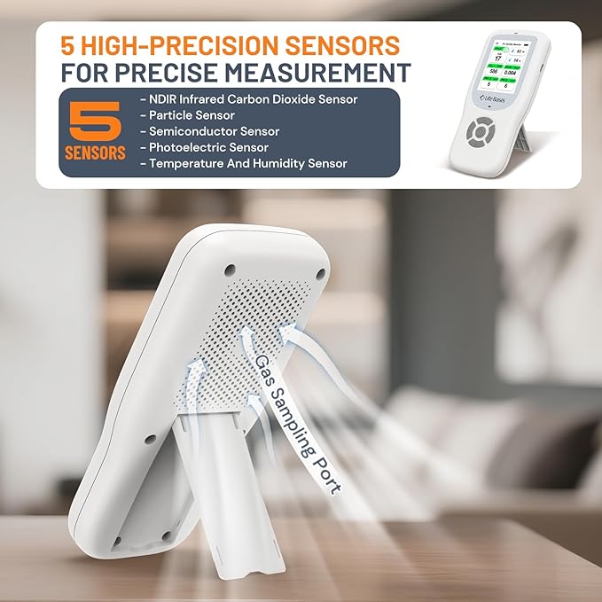 LifeBasis Air Quality Monitor Indoor, 11-in-1 Air Quality Detector with Stand, Air Meter Test AQI, PM1.0, PM2.5, PM10, CO2, TVOC, HCHO, Particles, Temperature and Humidity with Alert -White&Gray