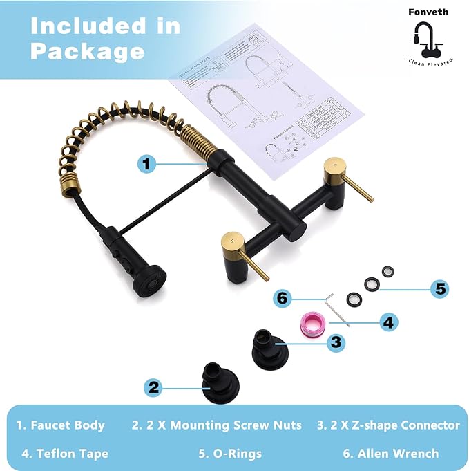 Wall Mount Kitchen Faucet, 8 Inch Center Wall Mount Kitchen Sink Faucet with Pull Down Sprayer with Sprayer Commercial, Black and Gold