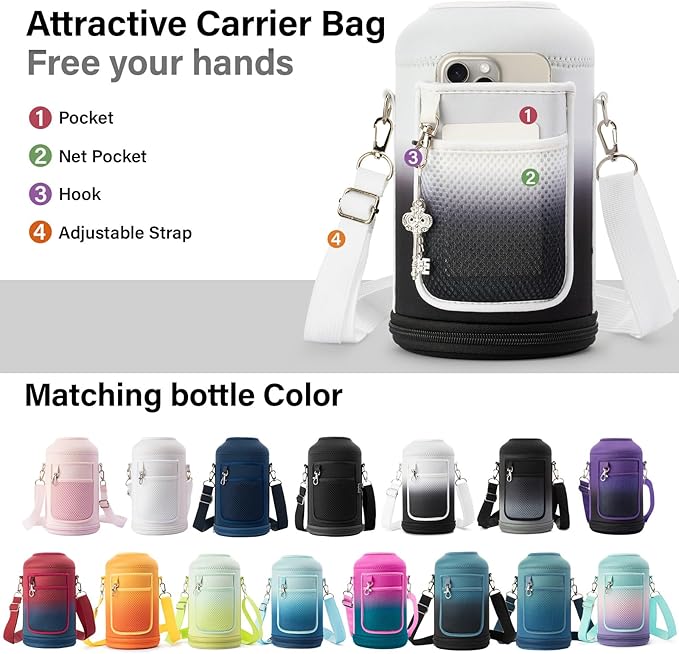 Insulated Water Bottle | Thickened Stainless Steel Vacuum Metal | Portable Sports Half Gallon Large Water Jug for Gym and Hiking with Straw, Carrier Bag, Handle Strap | BPA-Free 64 oz-FlexoryFit