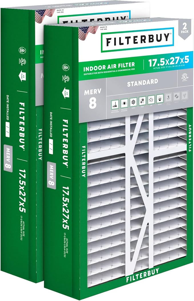 Filterbuy 17.5x27x5 Air Filter MERV 8 Dust Defense (2-Pack), Pleated HVAC AC Furnace Air Filters Replacement for Trane Perfect Fit & American Standard (Actual Size: 17.13 x 26.13 x 4.97 Inches)