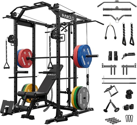Mikolo Power Cage, Power Rack with Cable Crossover System, 1500LBS Squat Rack with LAT Pull Down System, Workout Cage with Pulley System for Fitness Home Gym-FlexoryFit