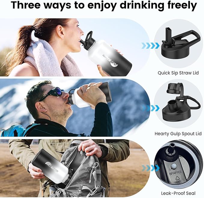 Insulated Water Bottle 64 oz, Triple Wall Vacuum Stainless Steel(Cold for 48 Hrs),Leak Proof & BPA-Free,Half Gallon Water Bottle with Reflective Paracord & Flip Straw for Sports & Travel, DarkGray-FlexoryFit