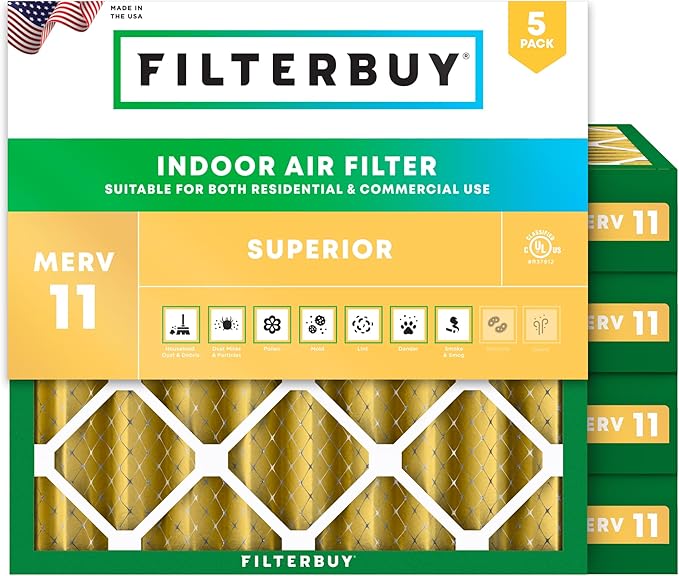 Filterbuy 20x20x4 Air Filter MERV 11 (MPR 1200) Allergen Defense Replacement (5-Pack), Electrostatic Pleated HVAC AC Furnace Filters, Made in USA (Actual Size: 19.50 x 19.50 x 3.63)