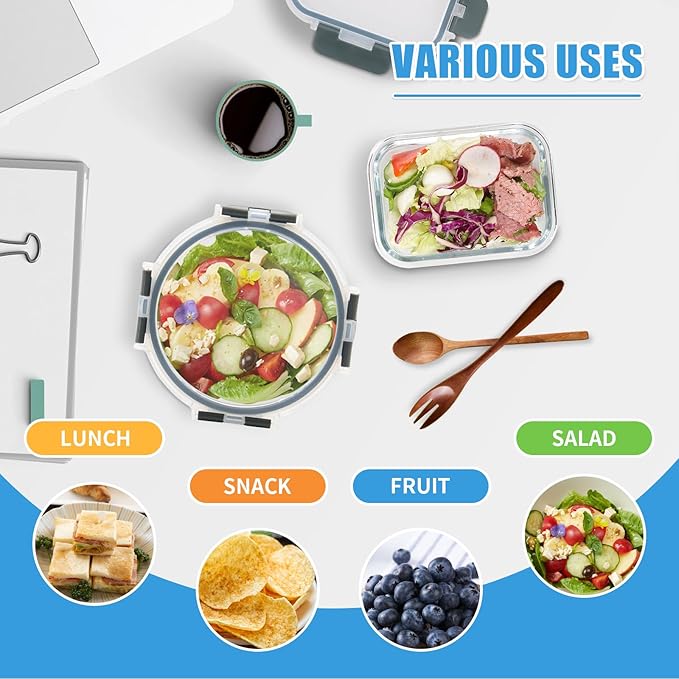 12 Pack Glass Food Storage Containers with Airtight Lids for Meal Prep, Leftover, BPA-Free, Leak-Proof, Freezer to Microwave Safe (12 Lids & 12 Containers)-FlexoryFit