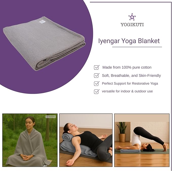 Yogikuti Iyengar Cotton Yoga Blanket Set of One – Thick Handwoven Yoga Blankets for Restorative Yoga, Meditation & Pranayama – Premium Cotton Yoga Blanket for Support & Comfort in Pranayama (Gray)-FlexoryFit