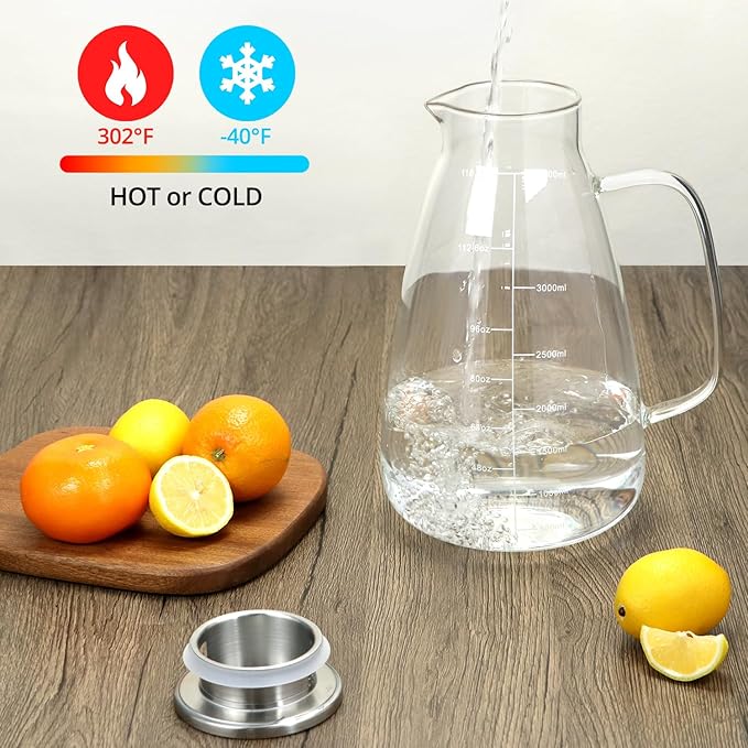 QWORK Glass Pitcher with Lid, 118 OZ Glass Water Pitcher with Precise Scale Line, Hot/Cold Water Jug, for Milk, Beverages