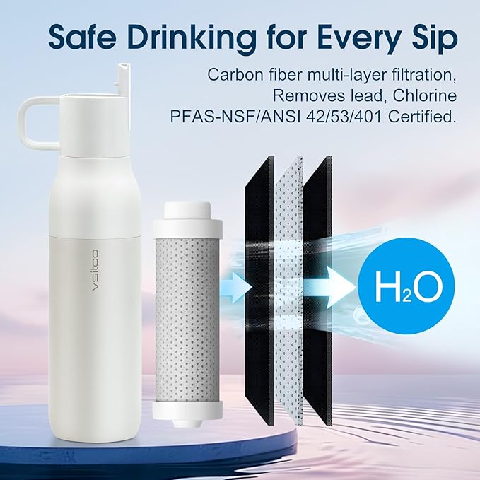 VSITOO 25 oz Water Purifier Bottle–Stainless Steel, Carbon Fiber Filter, Double-Wall Insulated, BPA-Free, Ideal for Hiking, Cycling, Gym & Outdoor Use–Life Straw Compatible,White