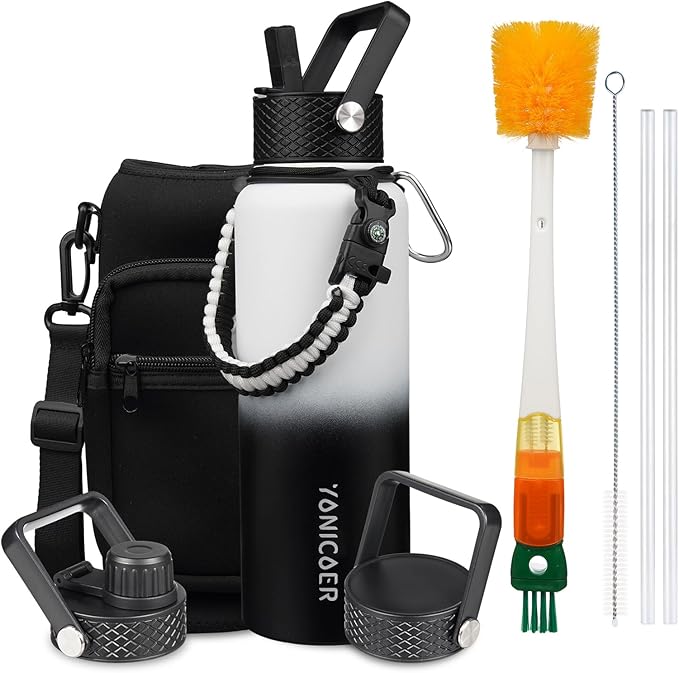 Insulated Water Bottle 64oz,Triple Wall Vacuum Stainless Steel(Dishwasher Safe),Leak Proof & Non-BPA,Flask Jug with Paracord Handle & Straw Spout Lids Sports-FlexoryFit