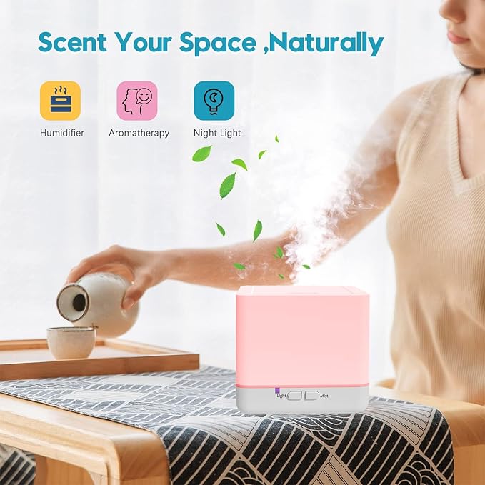 Diffuser 300ml x2Pack Set + 4 Essential Oils White Cute Humidifier with Adjustable Mist Mode,Auto Off,7-Colors Night lignts 3 in 1 Aroma Diffuser for Bedroom/Office/Home（2Pack wyk+4JY）