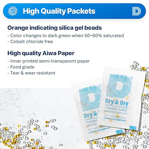 Dry & Dry Indicating Silica Gel Packets Desiccants - Food Safe Silica Packs, Silica Gel Packets, Desiccant Packs for Food Storage - Orange & White - 100 Packets (5 Gram)