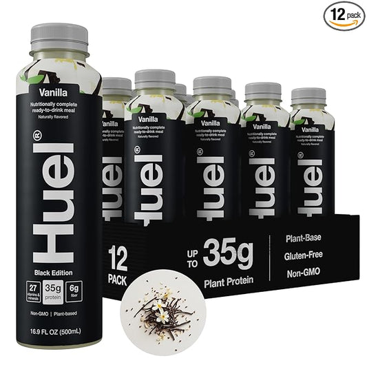 Huel Black Edition Ready-to-Drink | Vanilla Meal Replacement Shake | 35g High Protein Drink | 27 Vitamins & Minerals, Vegan, Gluten Free | Plant Based | High Fiber, Low Sugar | 16.9 Fl Oz, 12 Pack-FlexoryFit
