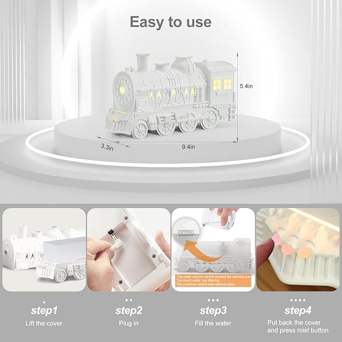 Train Diffuser 300ml, Aromatherapy Diffuser Cool Mist Ultrasonic Aroma Train Diffuser with Remote Control 2 Light 2 Mist Mode Auto Shut-Off for Bedroom Office Hotel (White)