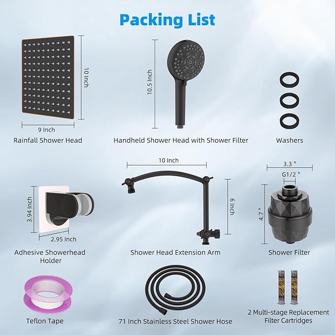 Hibbent All Metal 10'' Dual Filtered Rainfall Shower Head Combo, High Pressure Handheld Shower Head, 16'' Adjustable Arc Extension Arm, 20 Stage Shower Filter, 10-spray, 71'' Hose, Oil Rubbed Bronze