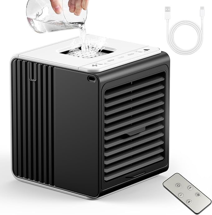 Portable Mini Air Conditioner,BIESQYA 3-in-1 Personal Small Ac Unit Cooler, 3 Speed USB Powered Desk Fan Swamp Evaporative Windowless Humidifier for Room Office Camping Car Black
