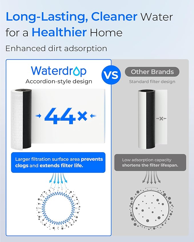 Waterdrop 2 Stage Whole House Water Filter System, with Heavy Metal Sediment Filter, Highly Reduce Mercury, Lead, Iron, Manganese, Chlorine for Well/City Water, WD-WHF21-PBH, 1" Inlet/Outlet