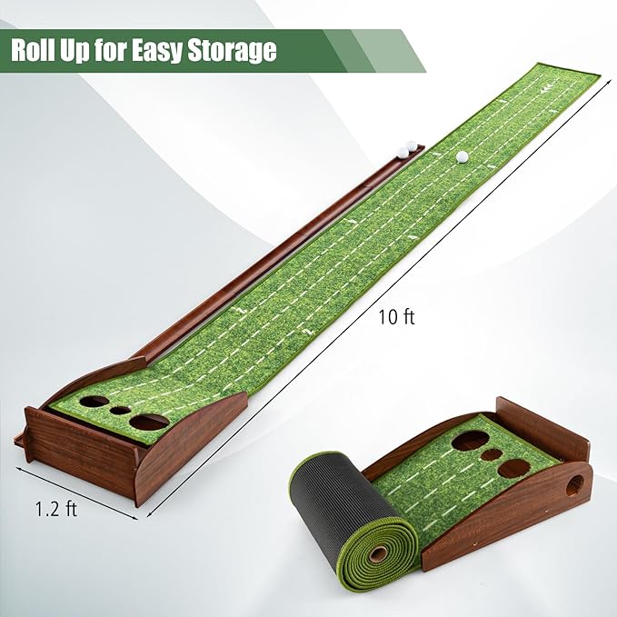 Tangkula 10 FT Golf Putting Green, 2/3-Hole Golf Putting Practice Mat with Auto Ball Return for Indoors & Outdoors, Alignment Guides & 3 Golf Balls, Mini Golf Game for Home and Office