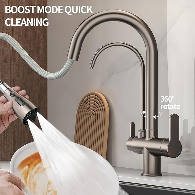Kitchen Sink Faucet with Pull - Down Sprayer, 2 - Handle 3 - in - 1 Kitchen Sink Filter Faucet, Cold and Hot Mixer Drinking Water Faucet (Grey-02)