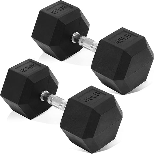 Rubber Encased Hex Dumbbell, Hand Weights with Anti-Slip Cast Iron Grip for Exercise & Fitness, Weights Dumbbells Set of 2 for Strength Training, 5-50 LBS Pair-FlexoryFit